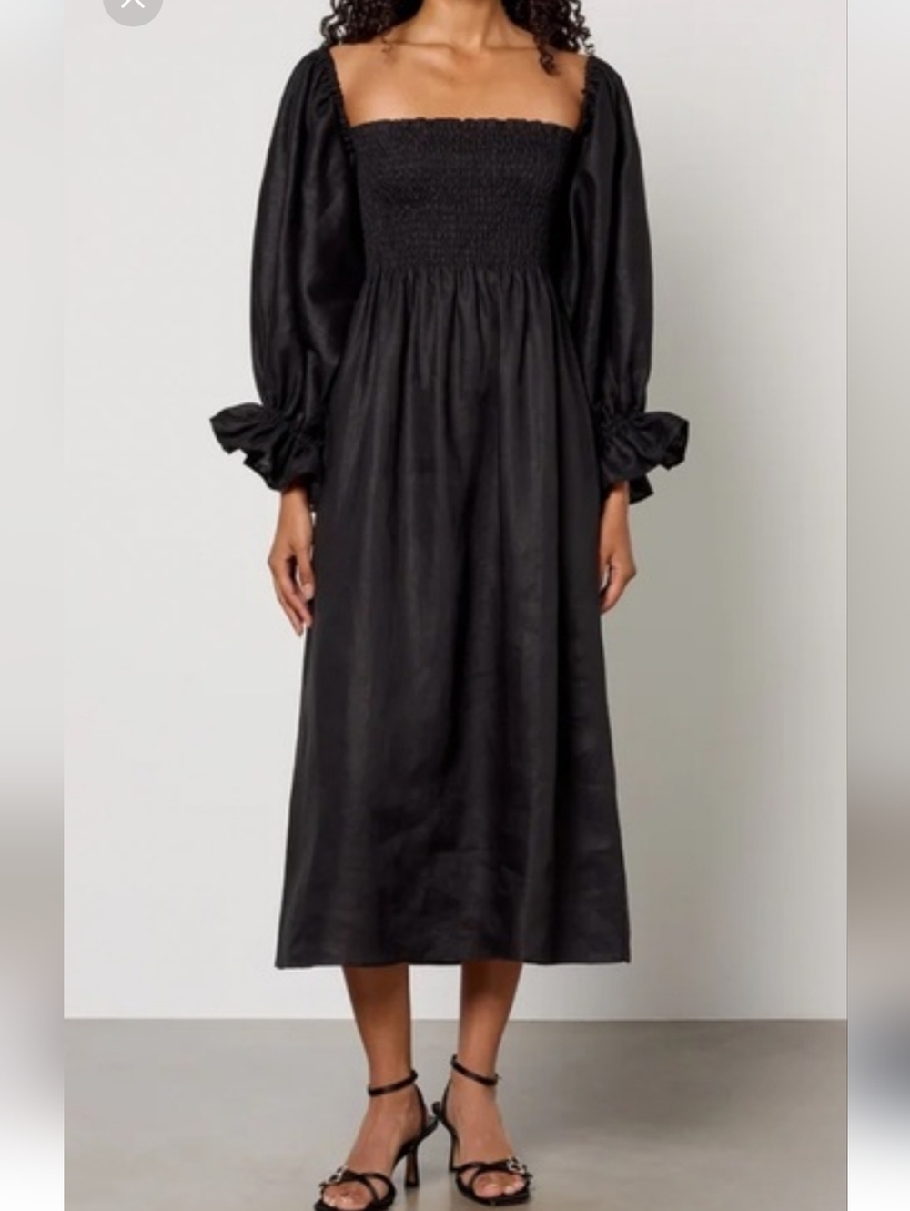 Sleeper Atlanta Black Smocked Linen Midi Dress with Puff Sleeves Size L